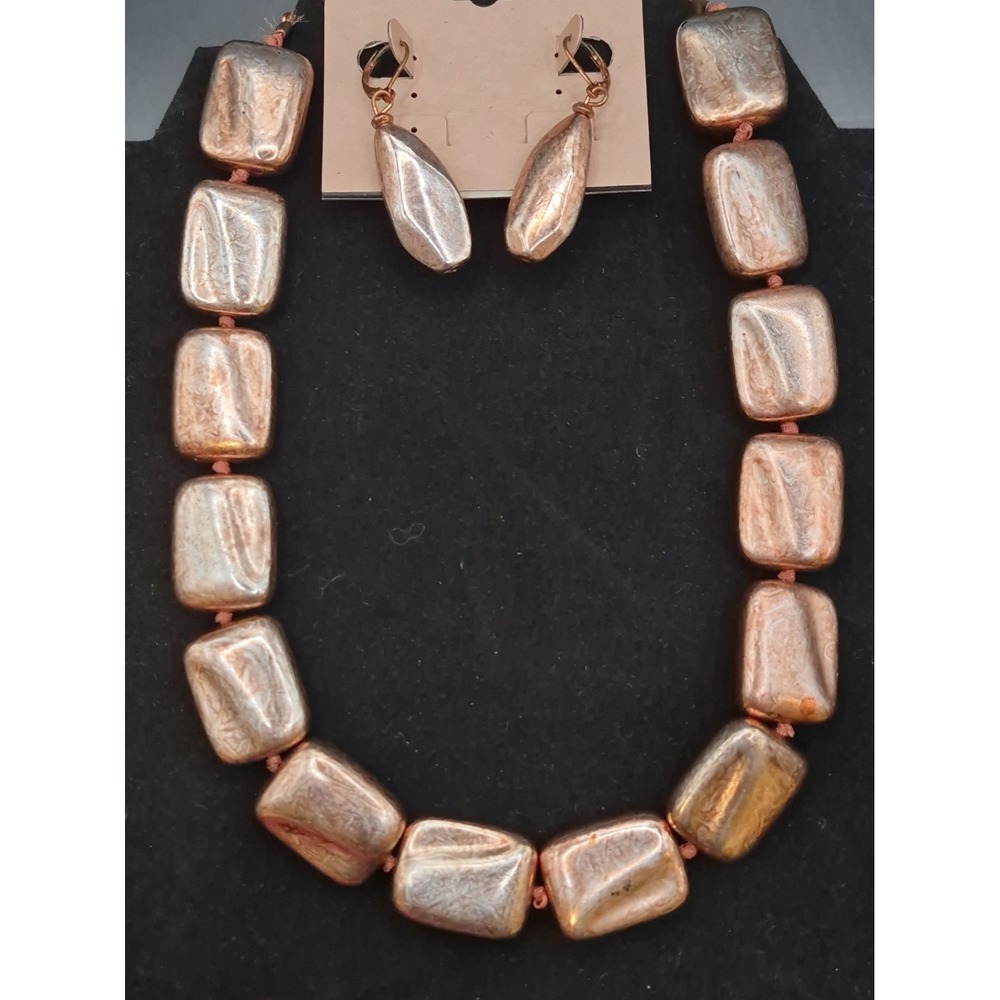 Erica Lyons Warm Distressed Metallic Chunky Necklace 20" w/ Matching Earrings